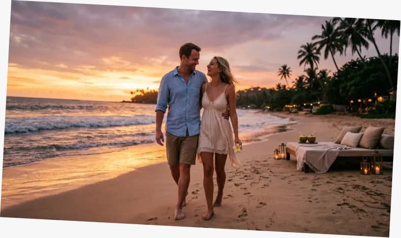 Couple walking together on a Sri Lankan beach at sunset